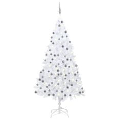 Vidaxl Osvetlený umelý vianočný stromček s guľami, biely 240 cm