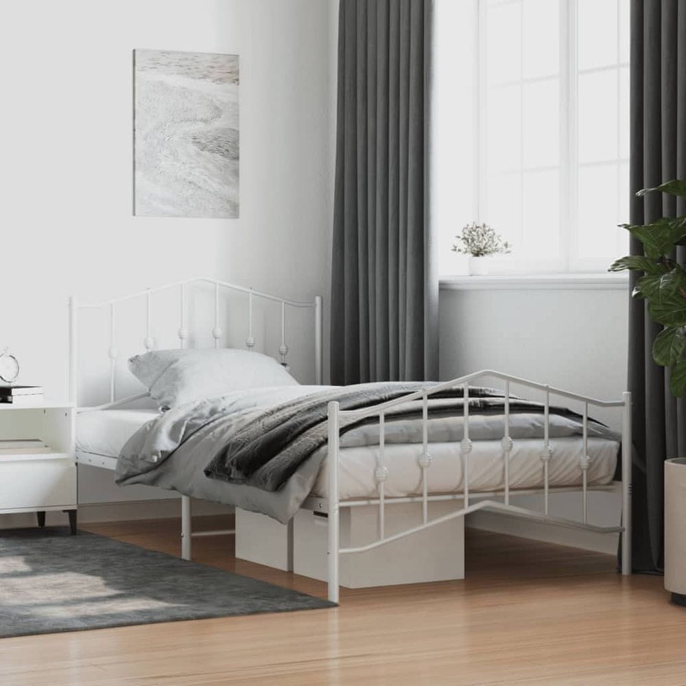 Vidaxl Kovový rám postele s predným a zadným čelom biely 107x203 cm
