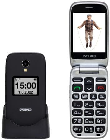 Evolveo EasyPhone FS GPS lokalizácia senzor pádu mms správy tlačidlový telefón pre seniorov pre dôchodcov, véčko, SOS tlačidlo, veľké tlačidlá, dlhá výdrž, nabíjací stojan 3Mpx fotoaparát kvalitná kamera fotokontakty LED blesk Fm rádio slot na pamäťové karty výkonná batéria slúchadlový 3,5mm jack výkonný hlasný reproduktor TFT displej pohodlný úchop USB-C