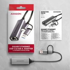 AXAGON ADE-TXCA, USB-C + USB-A 3.2 Gen 1 - Gigabit Ethernet sieťová karta, Asix AX88179, auto inštal