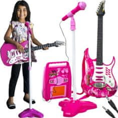 Kruzzel Detská rocková elektrická gitara na batérie + zosilňovač a mikrofón ružová