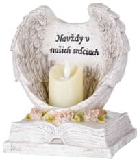Dekorácia MagicHome, Anjelské krídla na knihe so sviečkou, 1xLED, polyresin, na hrob, 18x13,5x20 cm