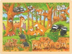 Goki Drevené puzzle Zvieracie mláďatká v lese 48 dielikov