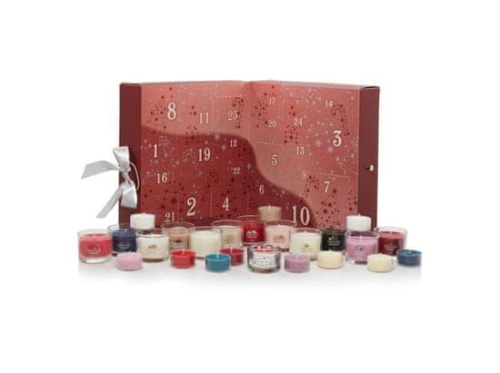 Yankee Candle darčeková sada Adventný kalendár kniha, 12 ks votívnych sviečok v skle + 12 ks čajových sviečok + svietnik