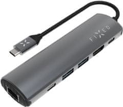 FIXED USB-C hliníkový 6-portový HUB Pro, šedá
