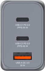 cestovní adaptér GNC-65, GaN, 2xUSB-C PD 65W, 1xUSB-A QC 3.0