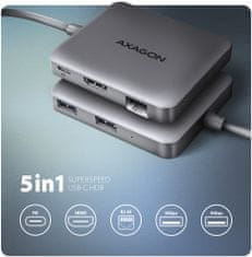 AXAGON multifunkční HUB 5v1 USB 3.2 Gen 1, 2x USB-A, HDMI, PD 100W, kábel USB-C 20cm