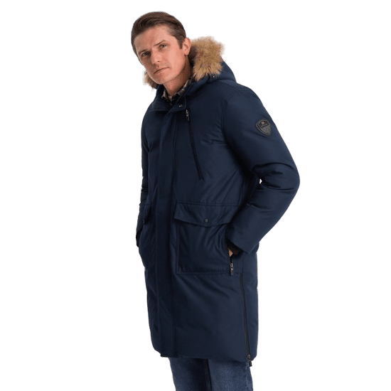 OMBRE Pánska zimná bunda s odnímateľnou kožušinovou kapucňou ALASKAN tmavomodrá MDN124178 S