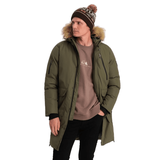 OMBRE Pánska zimná bunda s odnímateľnou kapucňou ALASKAN olivovo zelená MDN124185 S