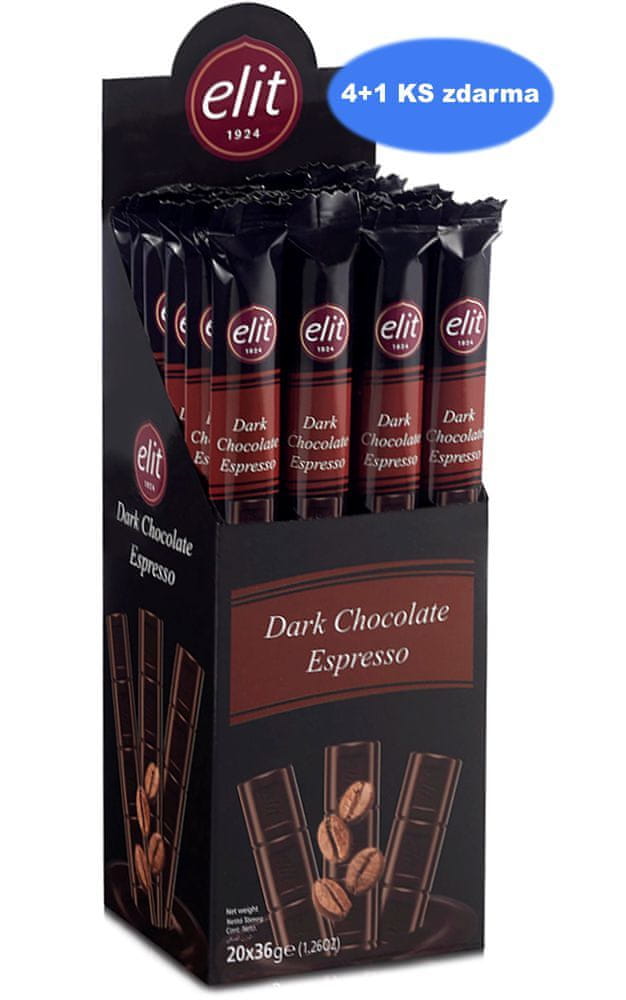 ELIT horká čokoládová tyčinka s príchuťou kávy 36g (4+1 ks zdarma)