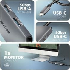 AXAGON multifunkční HUB 5v1 USB 5Gbps hub, 2x USB-A, USB-C, HDMI 8k/30Hz, PD 100W, kábel USB-C 15cm