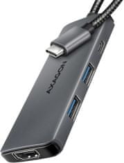 AXAGON multifunkční HUB 5v1 USB 5Gbps hub, 2x USB-A, USB-C, HDMI 8k/30Hz, PD 100W, kábel USB-C 15cm