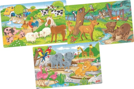 Goki Drevené puzzle Zvieratká 3x24 dielikov
