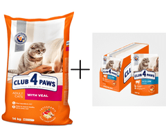 Club4Paws Premium pre mačky "s teľacím mäsom" 14 kg + darček 24x kapsičiek s jahnacim mäsom