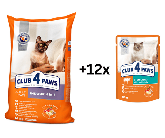 Club4Paws Premium Indoor 4 in 1 pre dospelé mačky žijúce v byte 14kg + Darček 12x kapsičiek pre mačky
