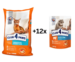 Club4Paws Premium citlive travenie pre dospelé mačky 14kg + 12x kapsičiek s jahnacim mäsom