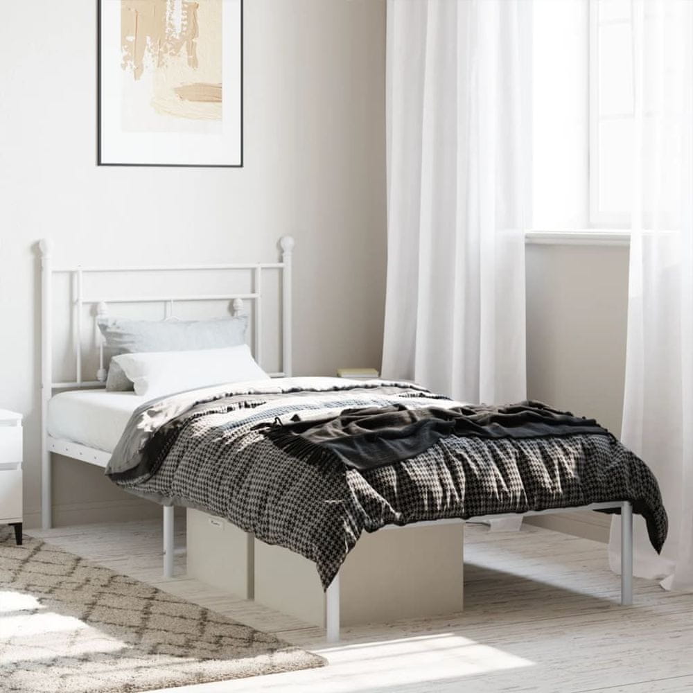 Vidaxl Kovový rám postele s čelom biely 100x200 cm