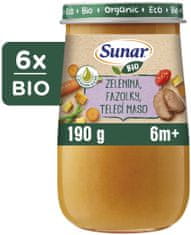 Sunar BIO príkrm zelenina, fazuľky, teľacie mäso, olivový olej 6m+, 6 x 190 g