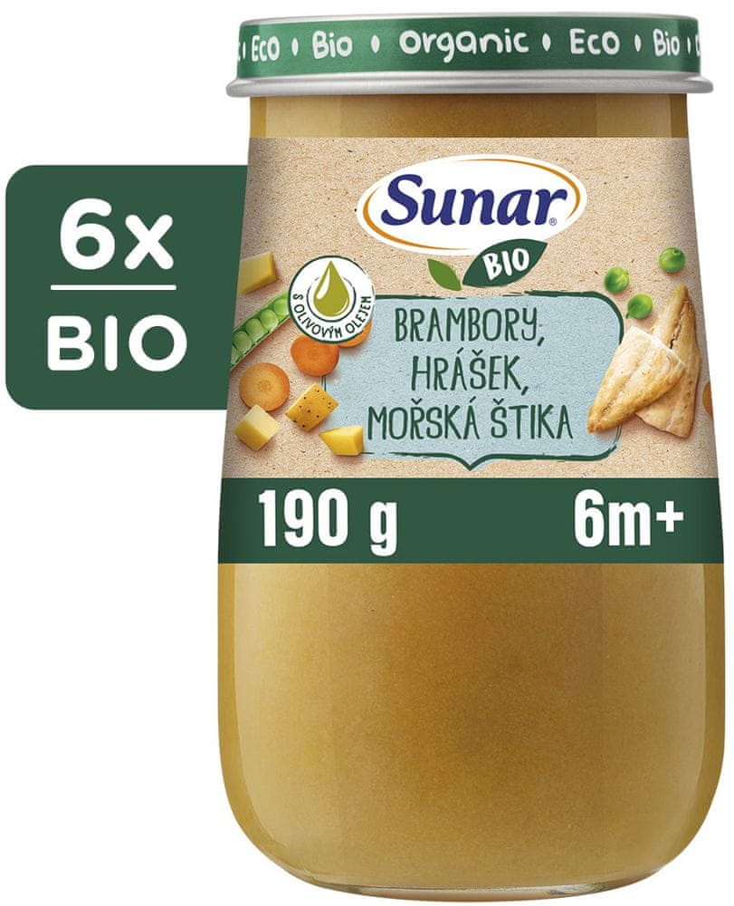 Sunar BIO príkrm zemiaky, hrášok, morská šťuka, olivový olej 6m+, 6 x 190 g
