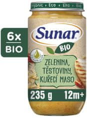 Sunar BIO příkrm zelenina, těstoviny, kuřecí maso 12m+, 6 x 235 g