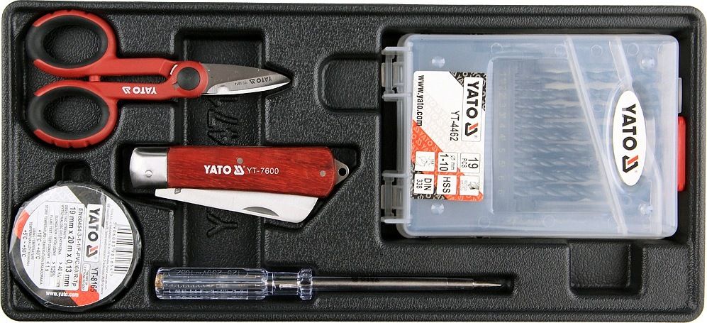 YATO Vložka do zásuvky - izol. páska, skúšačka, nožnice, montážny nôž, sada vrtákov 1-10mm