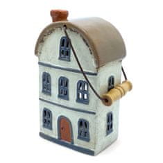 Keramický domček, svietnik na sviečku s rukoväťou, výška 23 cm Farba: Šedomodrá