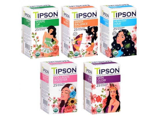 Tipson Tipson Organic Beauty bylinný čaj v sáčkoch, zbierka 5 príchutí