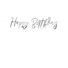 PartyDeco Baner Happy Birthday strieborný, 16,5 x 62 cm