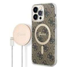 Guess Kryt na mobil 4G MagSafe na Apple iPhone 14 Pro Max + bezdrátová nabíječka - hnědý