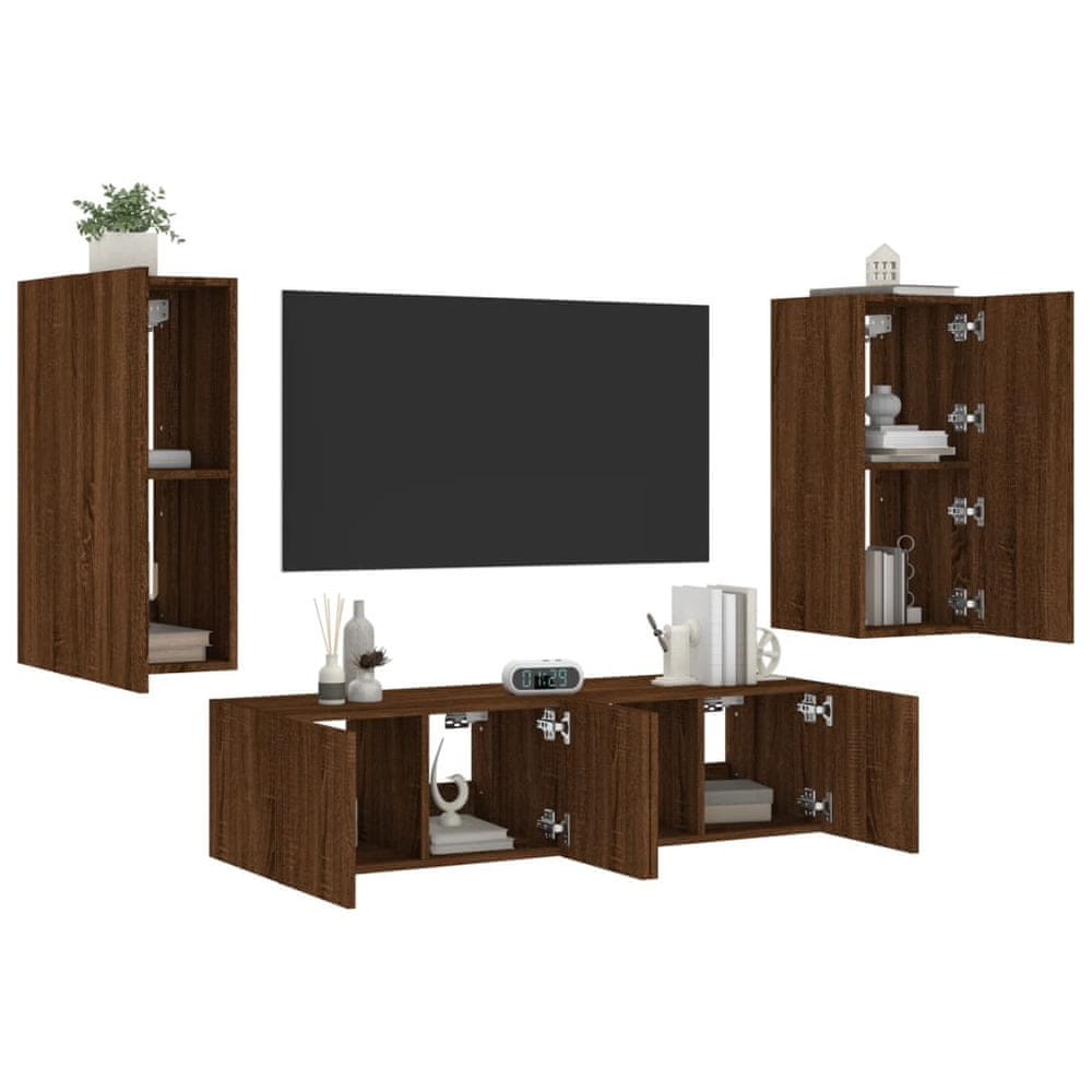 Vidaxl 4-dielne TV nástenné skrinky s LED hnedý dub kompozitné drevo