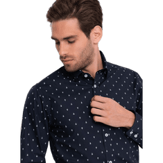 OMBRE Pánska bavlnená košeľa SLIM FIT s kotvami tmavomodrá MDN124371 S