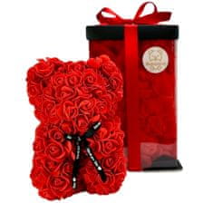 Medvídárek Romantic medvedík z ruží 25cm darčekovo balený - svetlo červený zasypaný červenými lístkami