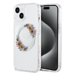 Guess Zadný kryt PC/TPU Flowers Ring Glossy Logo MagSafe pre iPhone 15 Transparent