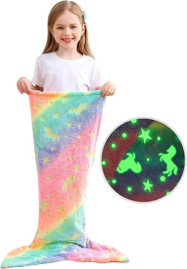 Netscroll Odeja v tvare morskej panny, morská panna odeja, ktorá svieti v tme, vzor s hviezdami a jednorožcom, mimoriadne mäkká a teplá, dúhové farby, skvelý darčekový nápad, MermaidBlanket