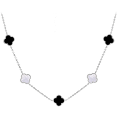 MINET Strieborný náhrdelník ďatelinové listy s bielou perleťou a ónyxom Ag 925/1000 12,80g