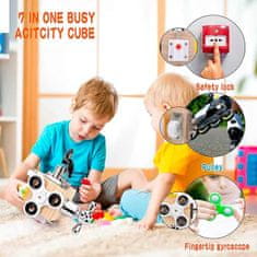 Netscroll Didaktická kocka, didaktická hračka 7 v 1, ktorá podporuje všetky oblasti vývoja dieťaťa, spinner, zámok s 2 kľúčmi, západka, koliesko, prepínač, závit a matica, cvičenie jemnej motoriky, BusyCube