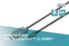 Digitus 8K @ 60Hz. M/M; mini DP na HDMI; káblový adaptér Alu Puzdro; Čierny; 1m