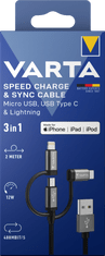 VARTA Speed Charge & Sync kábel: 3 v 1 USB A na Lightning/mikro/USB C Box (57937101111)