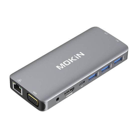 slomart Adaptér Hub 10v1 MOKiN USB-C na 3x USB 3.0 + nabíjanie USB-C + HDMI + 3,5 mm audio + VGA + 2x RJ45 + čítačka Micro SD (strieborná)