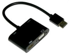 XtendLan Konvertor HDMI(M) na VGA a HDMI(F), VGA 1080p, HDMI 4k, s audio prepojením (jack 3.5mm), napájanie USB micro(B)