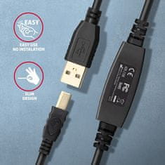 AXAGON ADR-210B, USB 2.0 AM -> BM aktívny prepojovací / repeater kábel, 10m