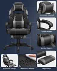 Songmics Herná stolička, nastaviteľná, ergonomická, bedrová a opierka hlavy, čierna, sivá