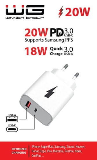 WG Sieťová nabíjačka USB-A, type-C, až 20 W