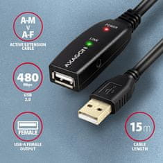 AXAGON ADR-215, USB 2.0 AM -> AF aktívny predlžovací / repeater kábel, 15m