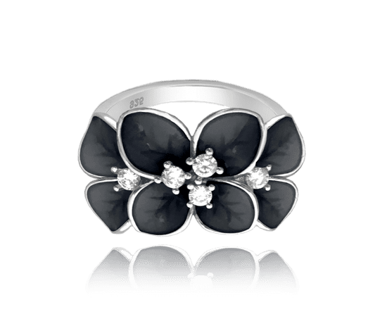 MINET Čierny kvetinový strieborný prsteň FLOWERS s bielymi zirkónmi veľkosť 55