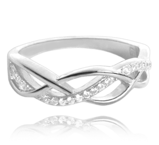 MINET Strieborný opletený prsteň s bielymi zirkónmi veľkosť 69