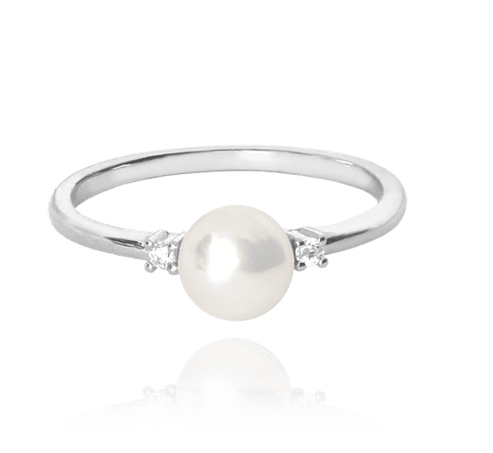 MINET Strieborný prsteň s perlou a bielymi zirkónmi veľkosť 60