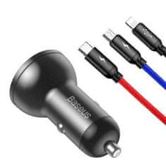 BASEUS Digitální displej Duální USB 4,8A nabíječka do auta 24W se třemi základními barvami Kabel 3 v 1 USB 1,2M Černý oblek Šedý
