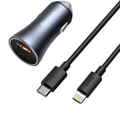 BASEUS Golden Contactor Pro nabíječka do auta, USB USB-C, QC4.0, PD, SCP, 40W (tmavě šedá) s kabelem Type-C na iP 1m černý