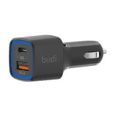 Budi LED nabíječka do auta, USB + USB-C, 18 W, PD + QC 3.0 (černá)